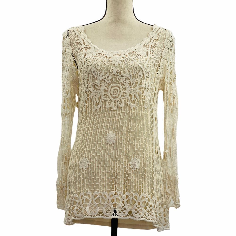 YAIRA Crochet Lace Ivory Pullover Sweater Medium